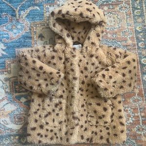Zara leopard spot animal print faux fur hooded coat 2-3yrs